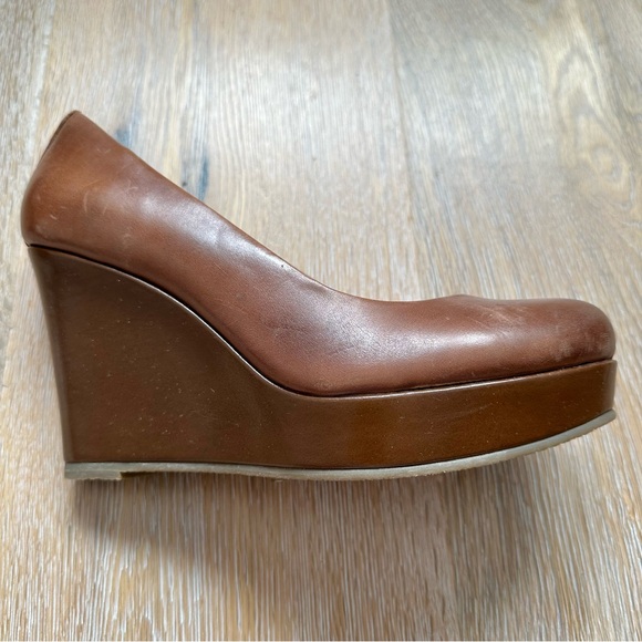 ALDO Cognac Brown Leather Platform Wedge Heel Shoes - Size 7.5 - Picture 3 of 10